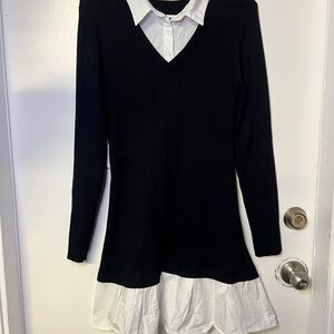 Preppy Black Sweater Dress with Collared Underlay Ribbed V-neck Size XL